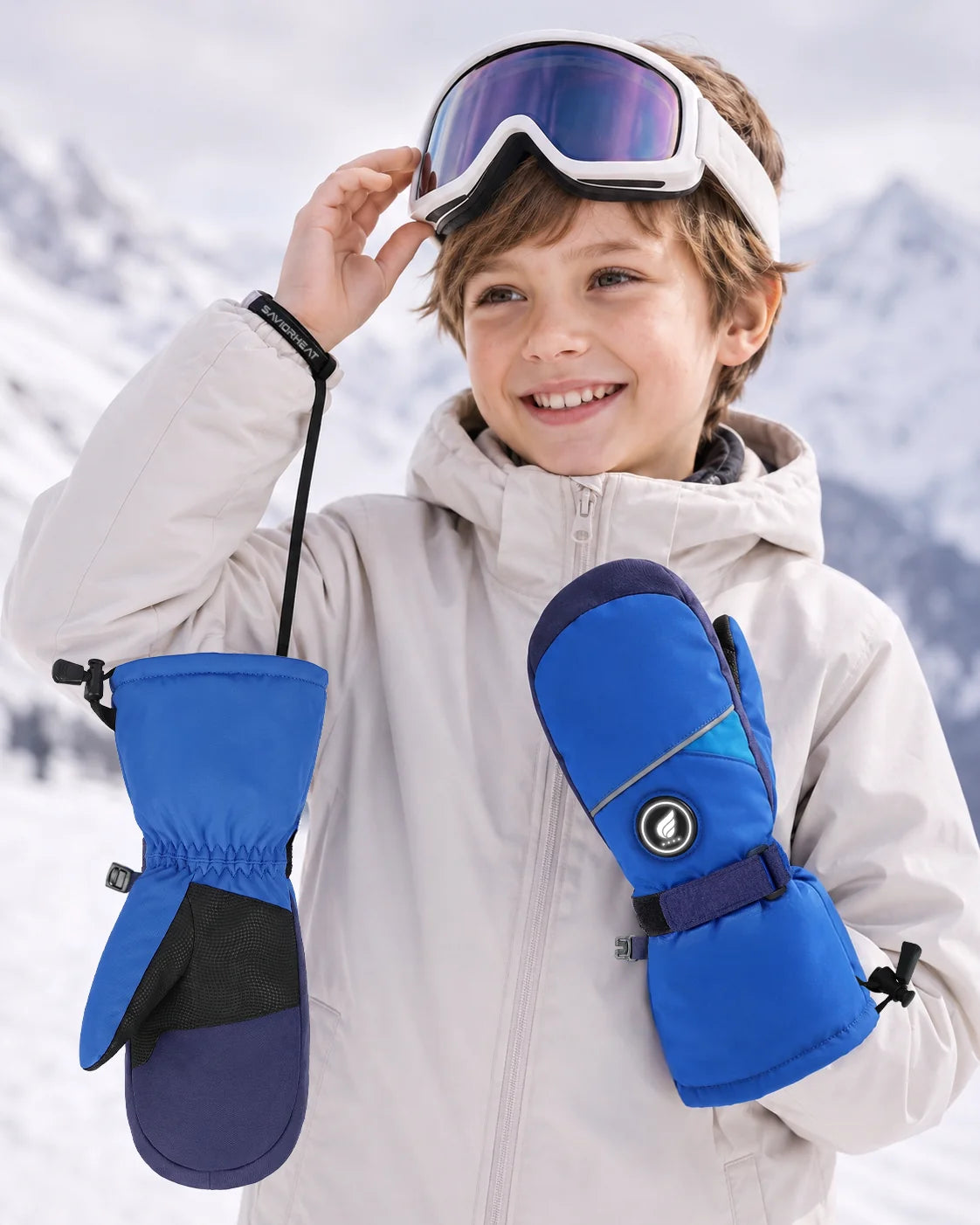 Secure Wrist Strap on Lightweight Kids Heated Ski Gloves by SAVIOR HEAT