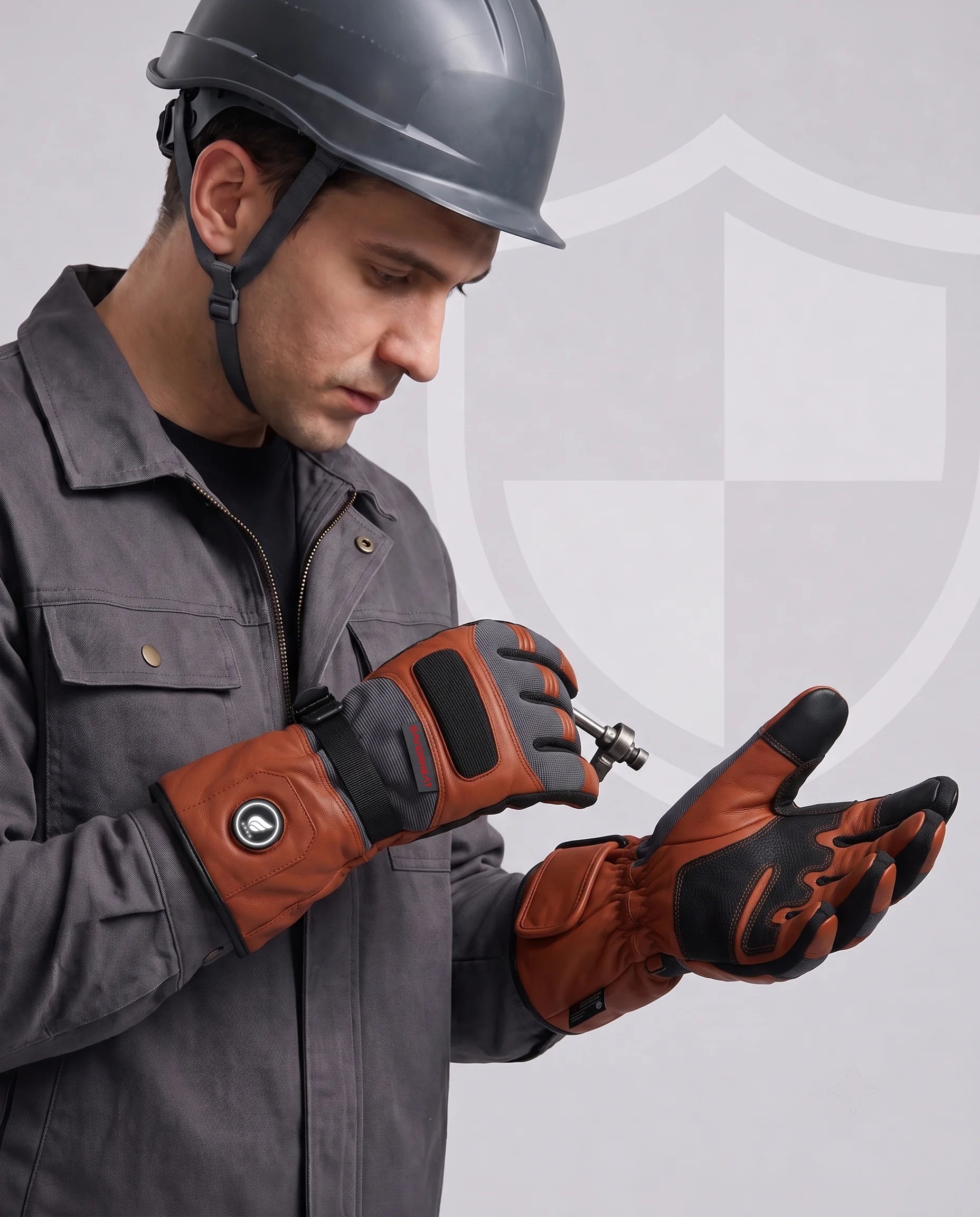Reinforced Non-Slip Grip on Classic Brown Goatskin Heated Work Gloves by SAVIOR HEAT