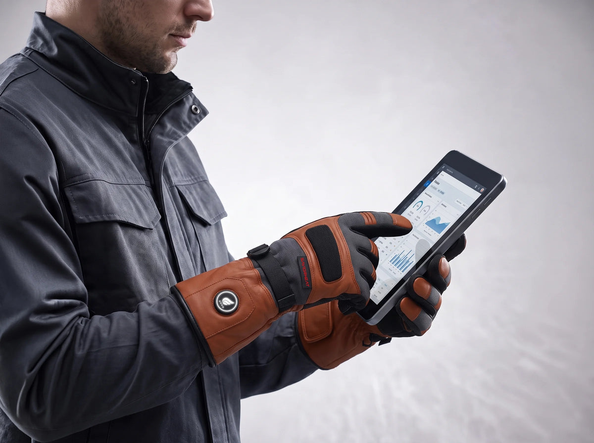 Touchscreen-Compatible Classic Brown Goatskin Heated Work Gloves by SAVIOR HEAT