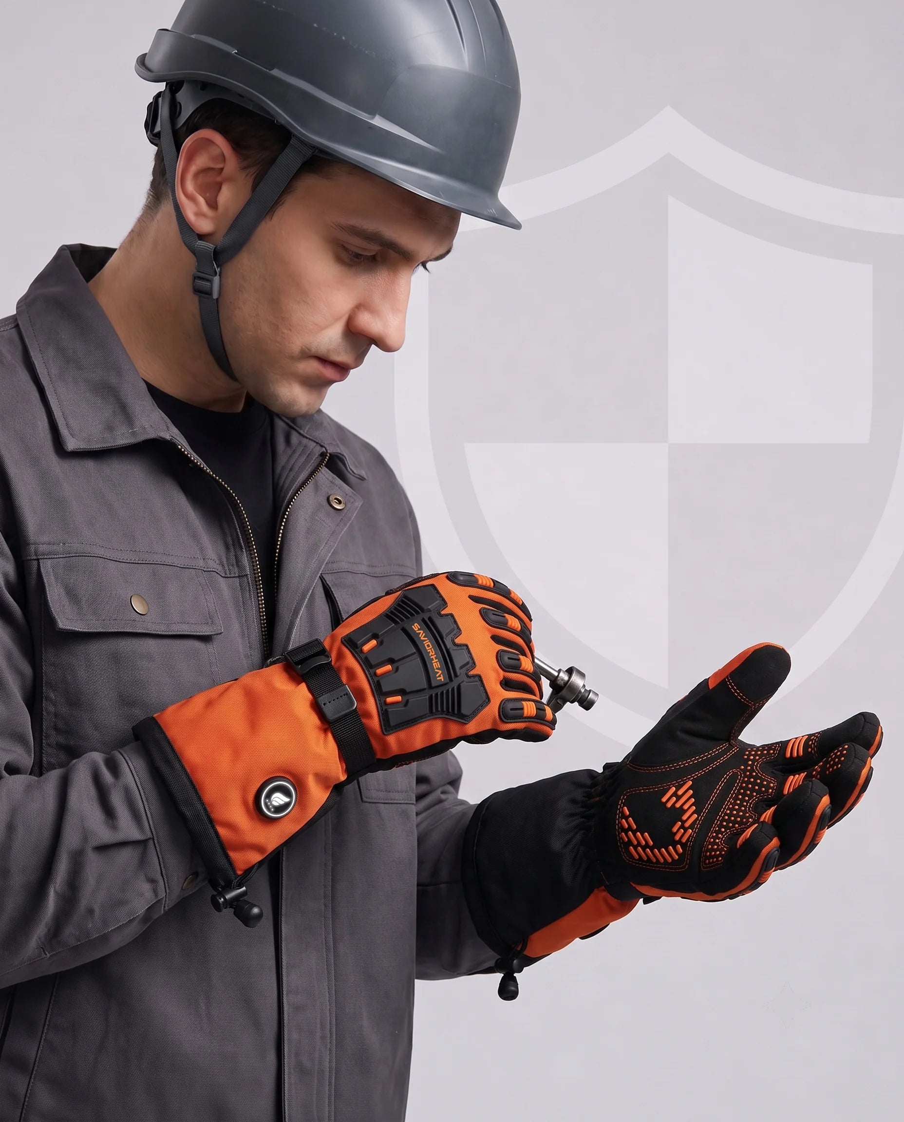 Reinforced Non-Slip Grip on Safety Orange Heated Work Gloves by SAVIOR HEAT