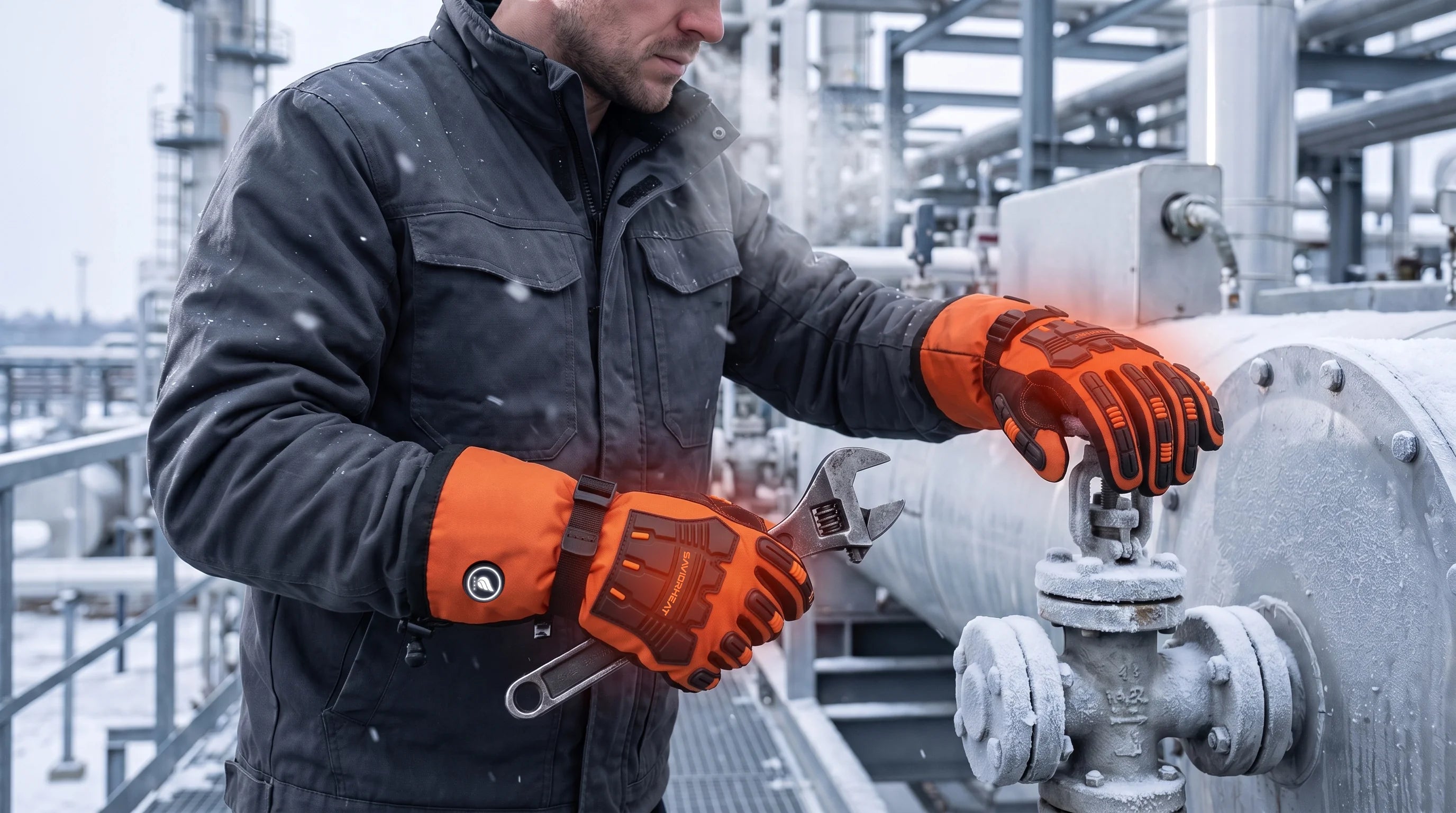 SAVIOR HEAT Safety Orange Heavy-Duty Heated Work Gloves detail view