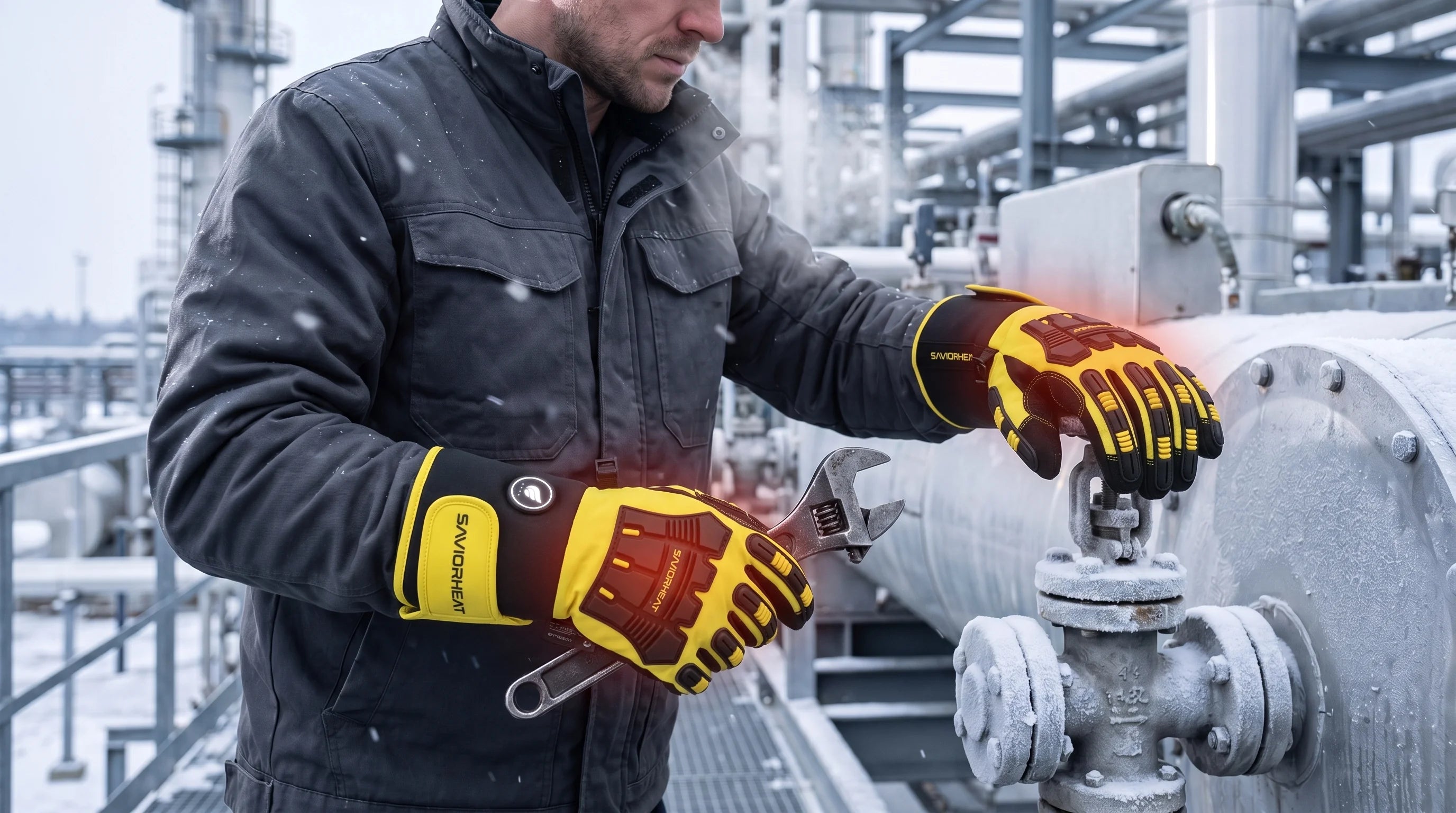 SAVIOR HEAT Hi-Vis Yellow Heavy-Duty Heated Work Gloves detail view