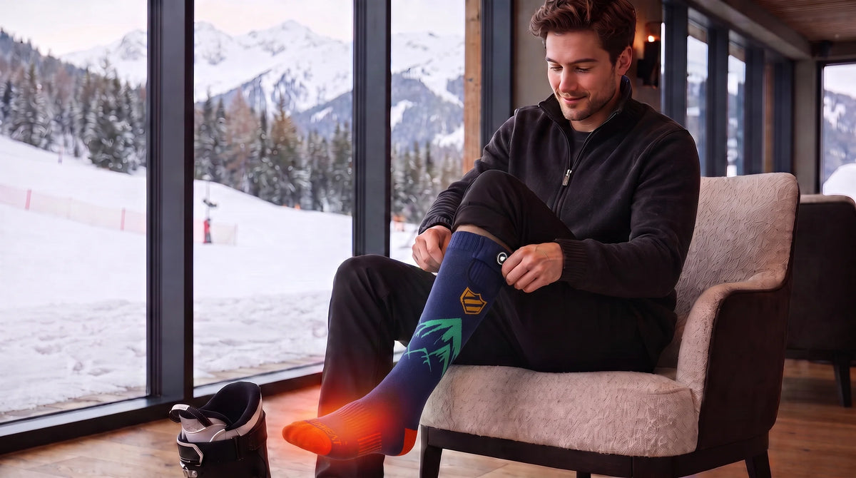 SAVIOR HEAT Cushioned Boot Comfort Heated Ski Socks showing heated zones and performance details for winter use