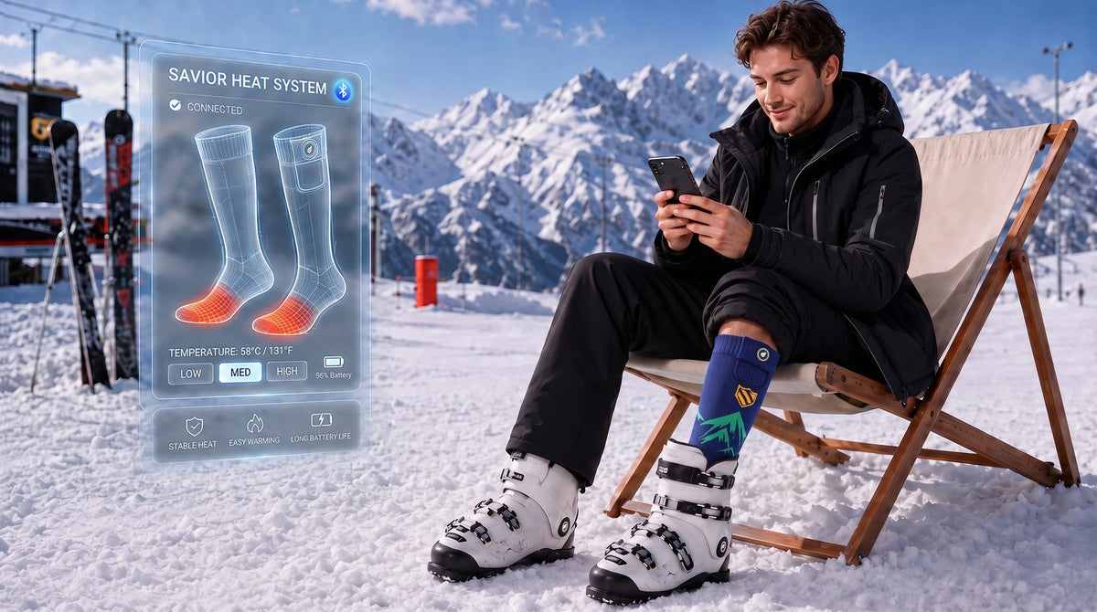 SAVIOR HEAT Cushioned Boot Comfort Heated Ski Socks designed for warm, comfortable wear inside ski boots