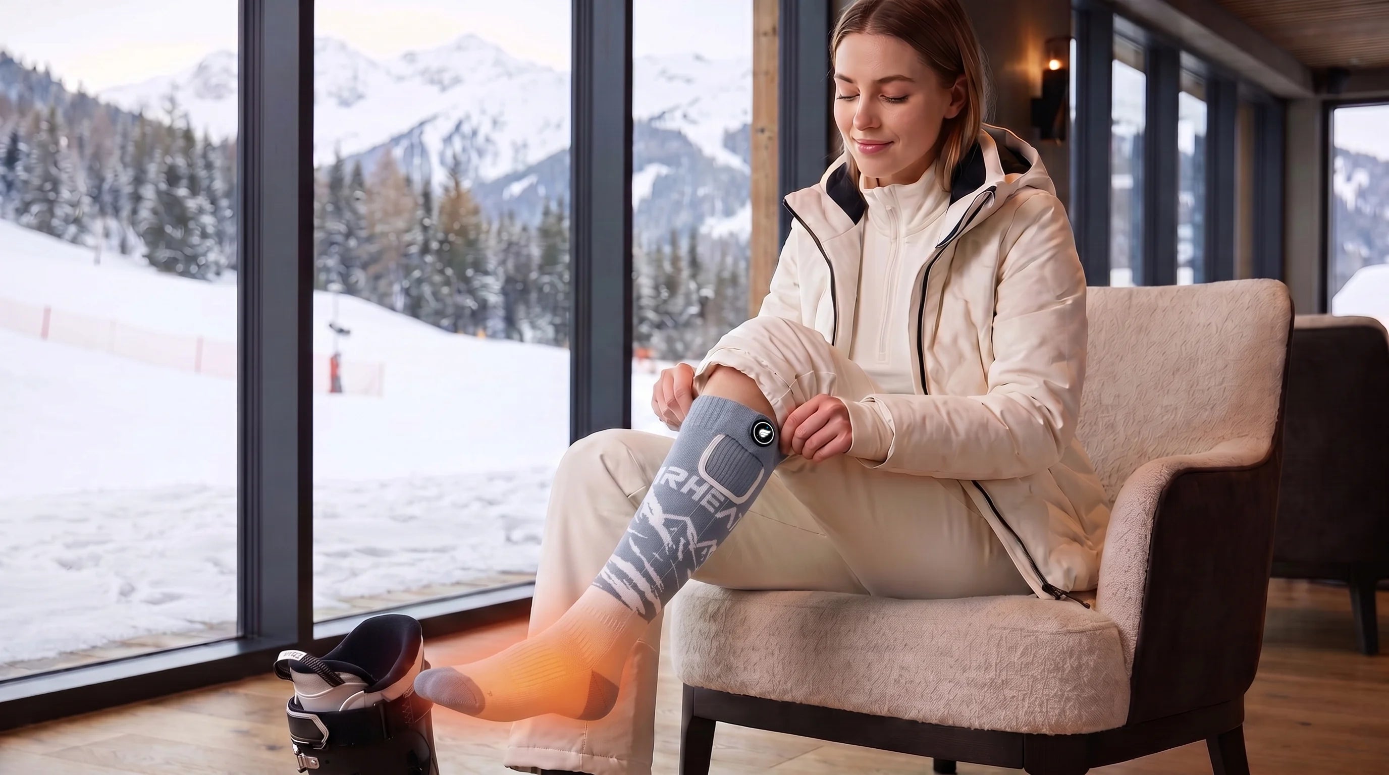 SAVIOR HEAT Heat-Transfer Arch Support Heated Ski Socks showing heated zones and performance details for winter use