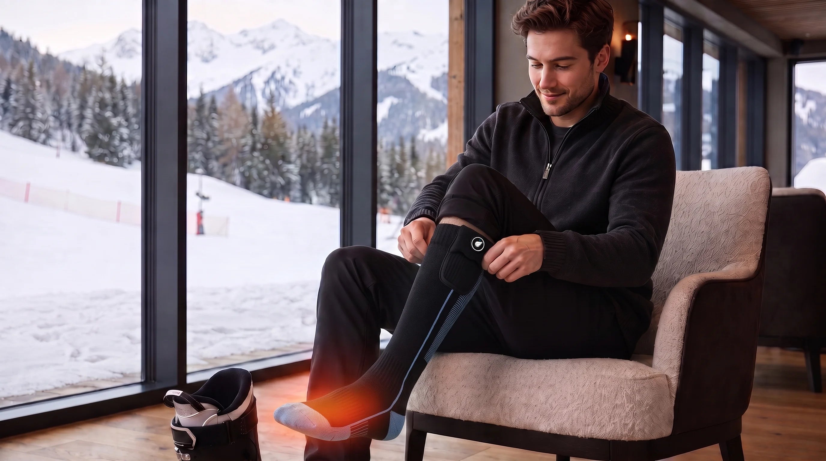 SAVIOR HEAT Arch Support Heated Ski Socks showing heated zones and performance details for winter use