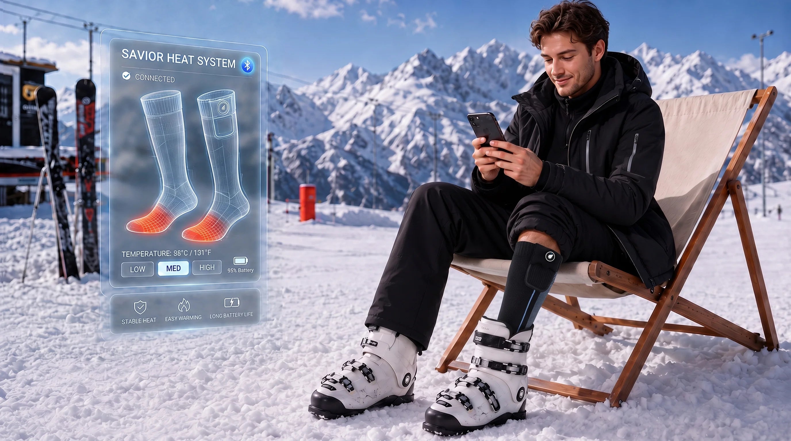 SAVIOR HEAT Arch Support Heated Ski Socks designed for warm, comfortable wear inside ski boots