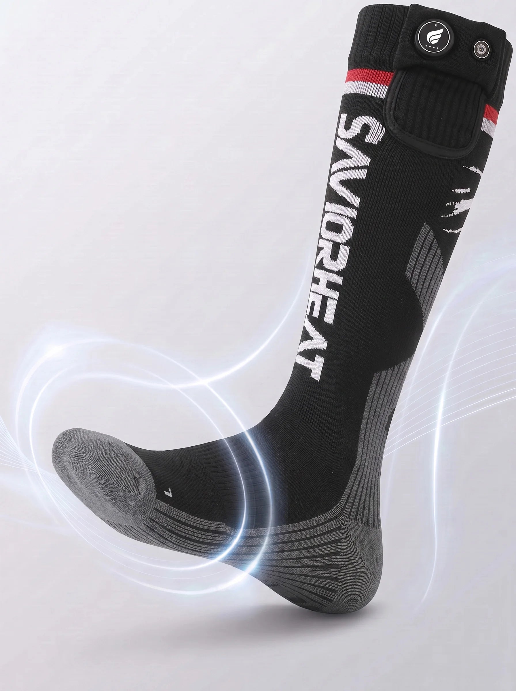 Targeted toe heating on SAVIOR HEAT Magsnapic Charge Smart Heated Ski Socks for added warmth in cold conditions