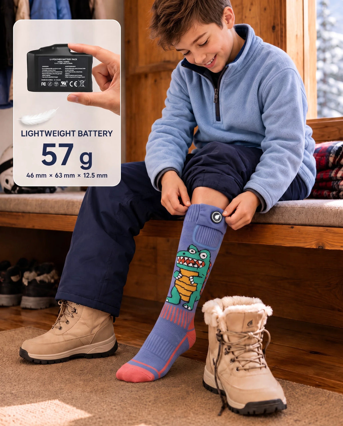 SAVIOR HEAT Crocodile-Print Kids Heated Ski Socks with a lightweight kid-friendly battery for comfortable winter wear