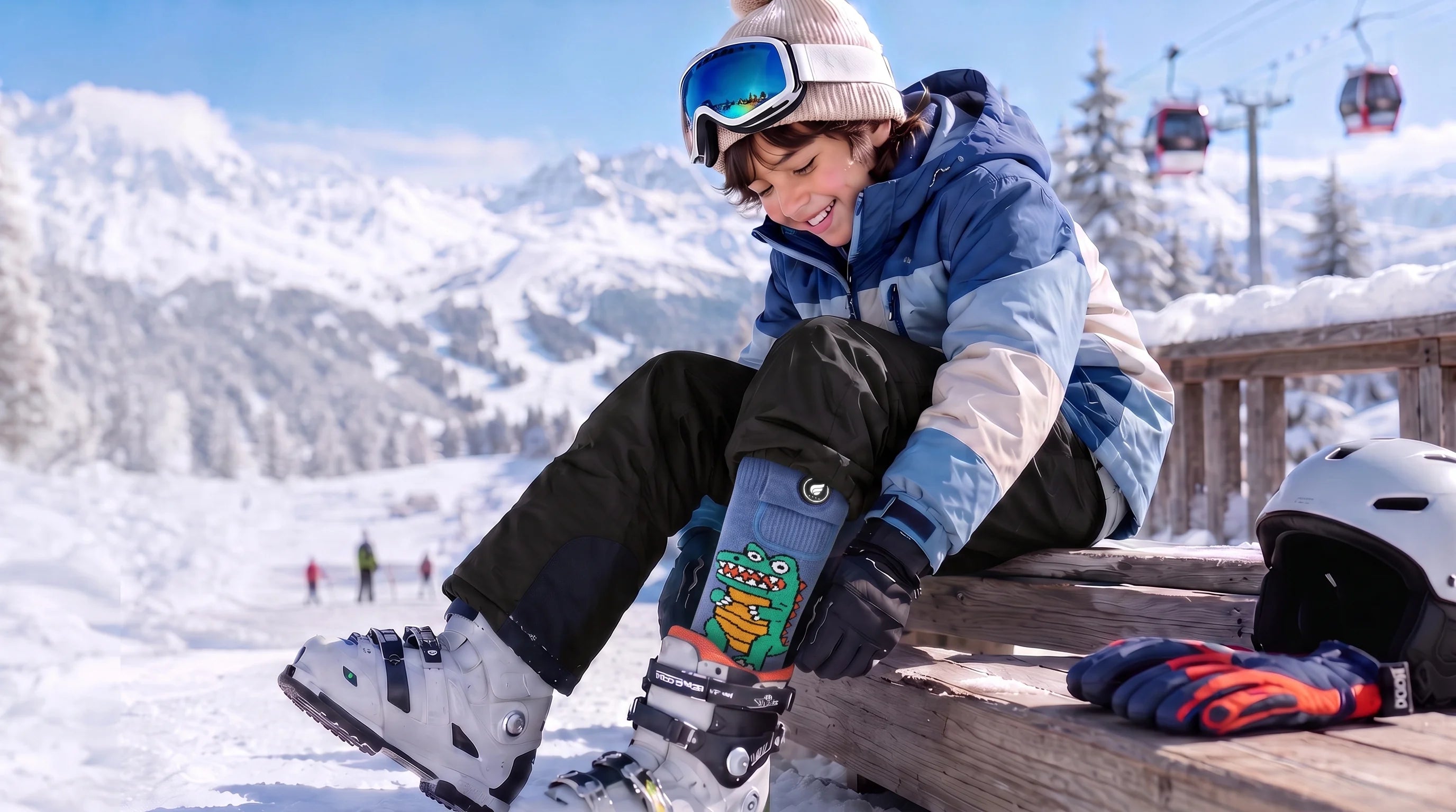 SAVIOR HEAT Crocodile-Print Kids Heated Ski Socks showing heated zones and performance details for winter use