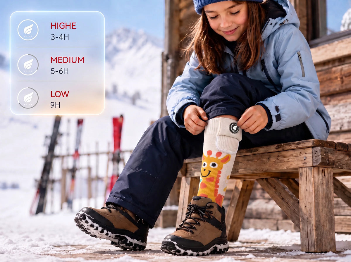 SAVIOR HEAT Giraffe-Print Kids Heated Ski Socks with long-lasting warmth for ski days and snowy adventures