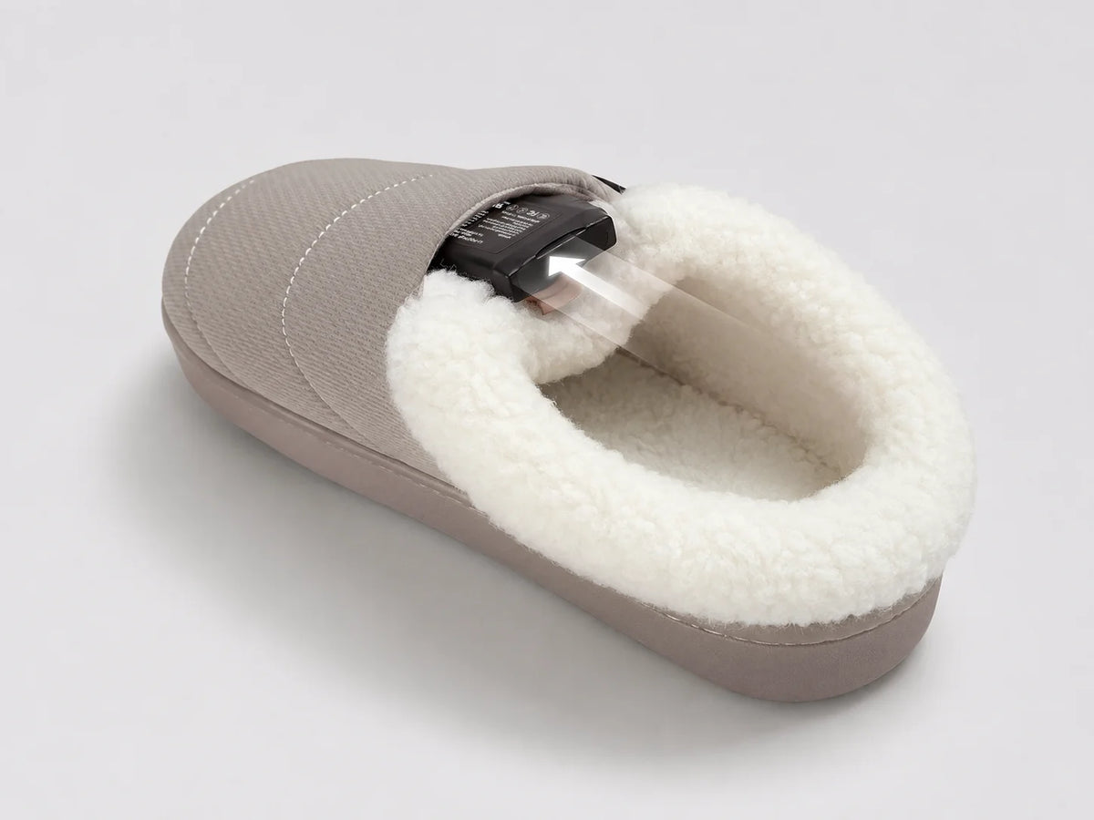 Adjustable-Cuff Heated Slippers with a discreet battery pocket built into the slipper