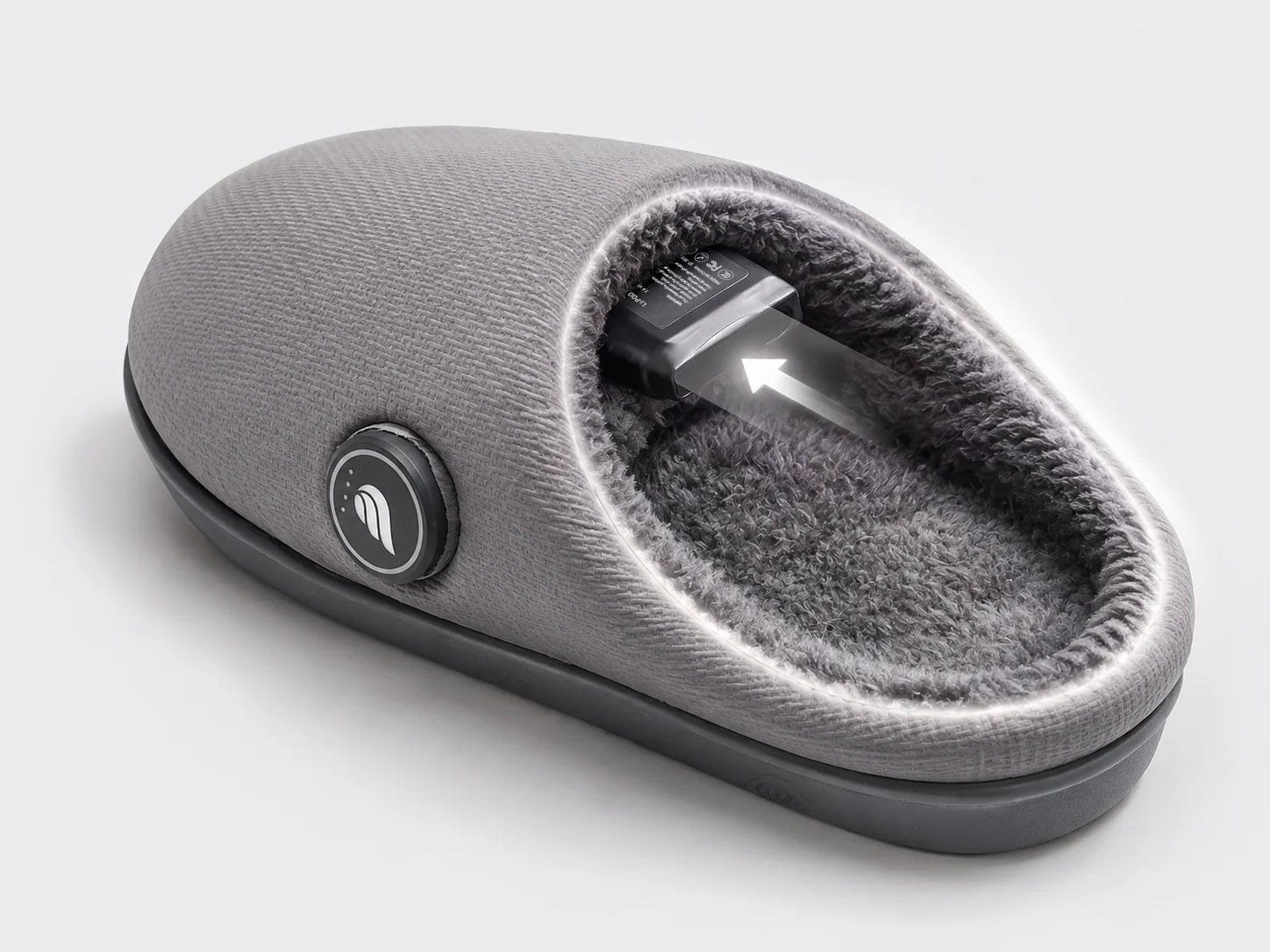 Easy Slip-On Heated Slippers with a discreet battery pocket built into the slipper