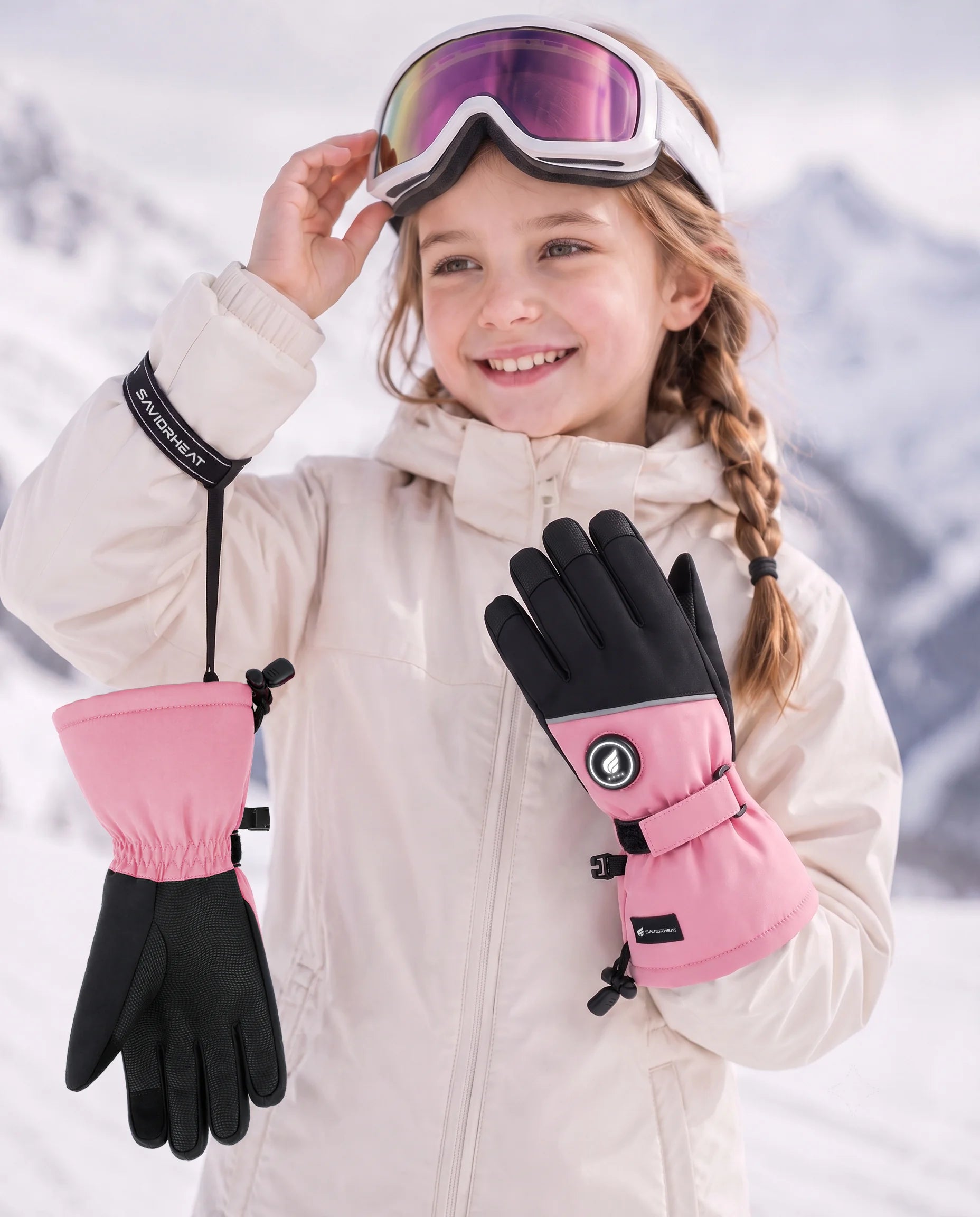 Secure Wrist Strap on Lightweight Kids Heated Ski Gloves by SAVIOR HEAT