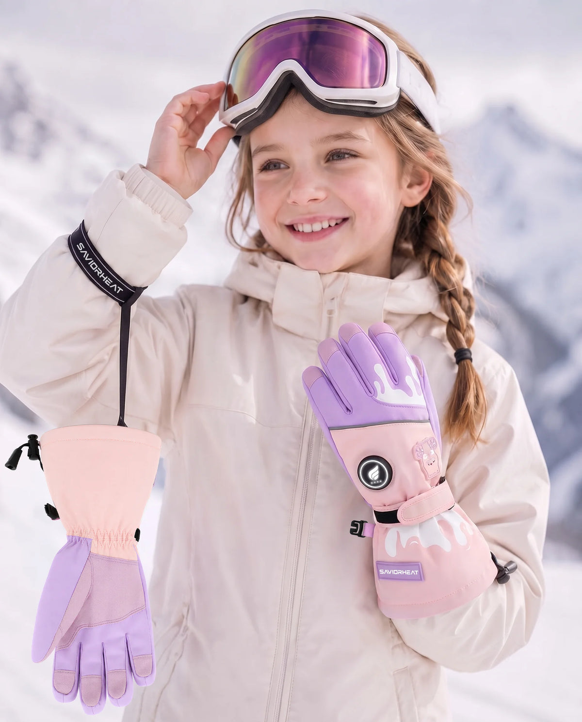 Secure Wrist Strap on Bear-Print Kids Heated Ski Gloves by SAVIOR HEAT