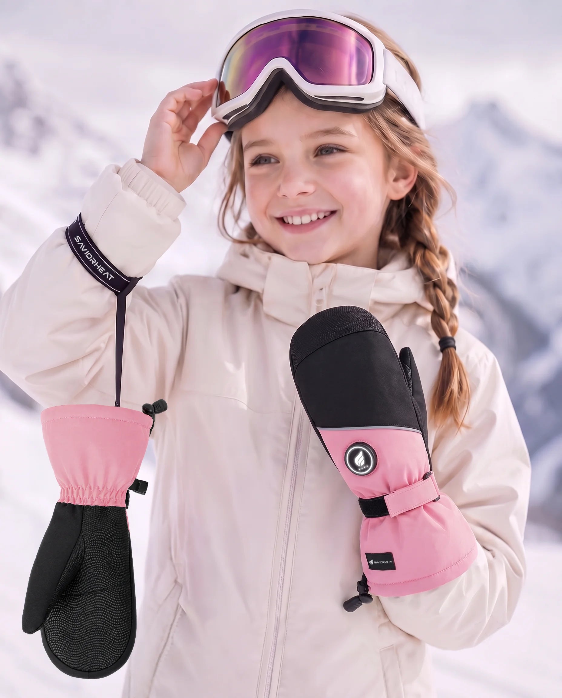 Secure Wrist Strap on Lightweight Kids Heated Ski Mittens by SAVIOR HEAT