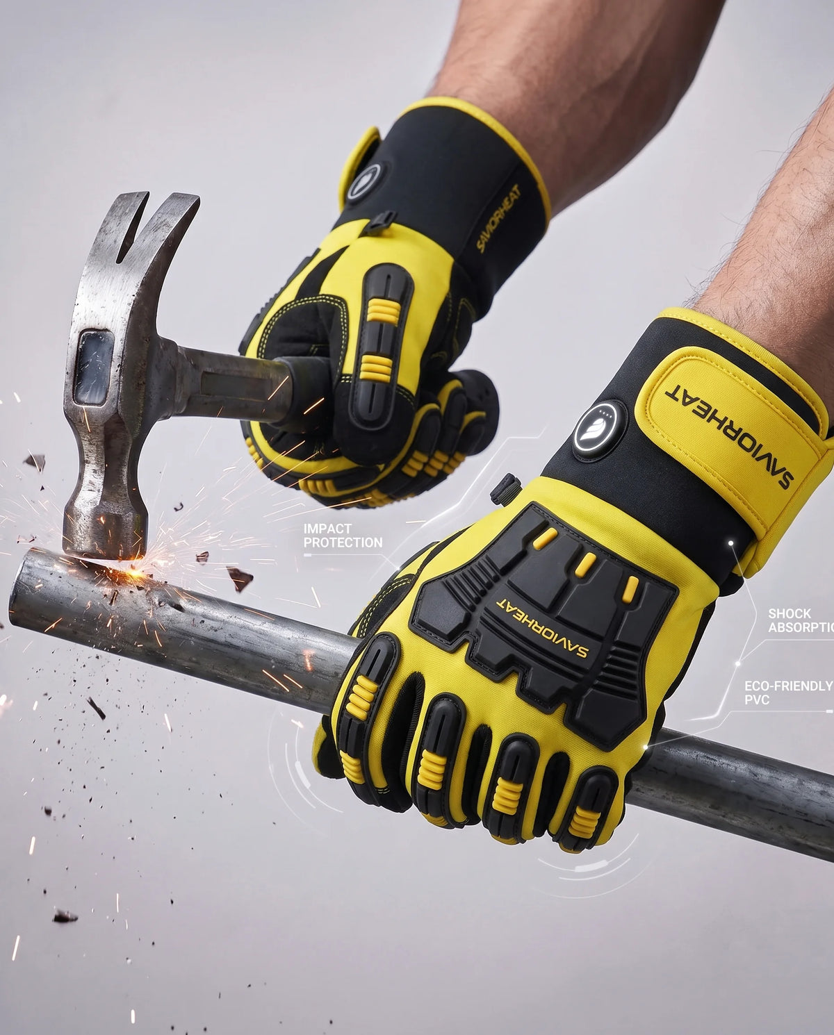 Impact Protection on Hi-Vis Yellow Heavy-Duty Heated Work Gloves by SAVIOR HEAT