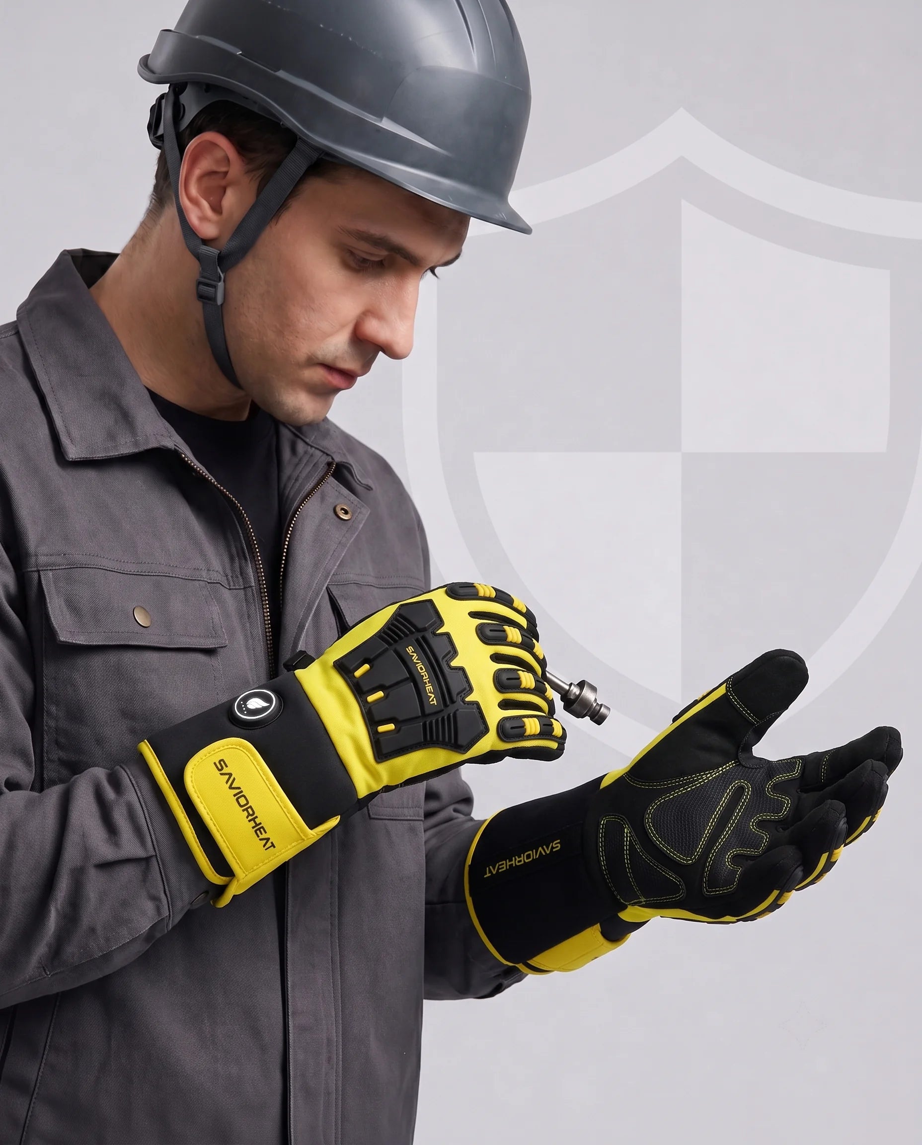 Reinforced Non-Slip Grip on Hi-Vis Yellow Heated Work Gloves by SAVIOR HEAT