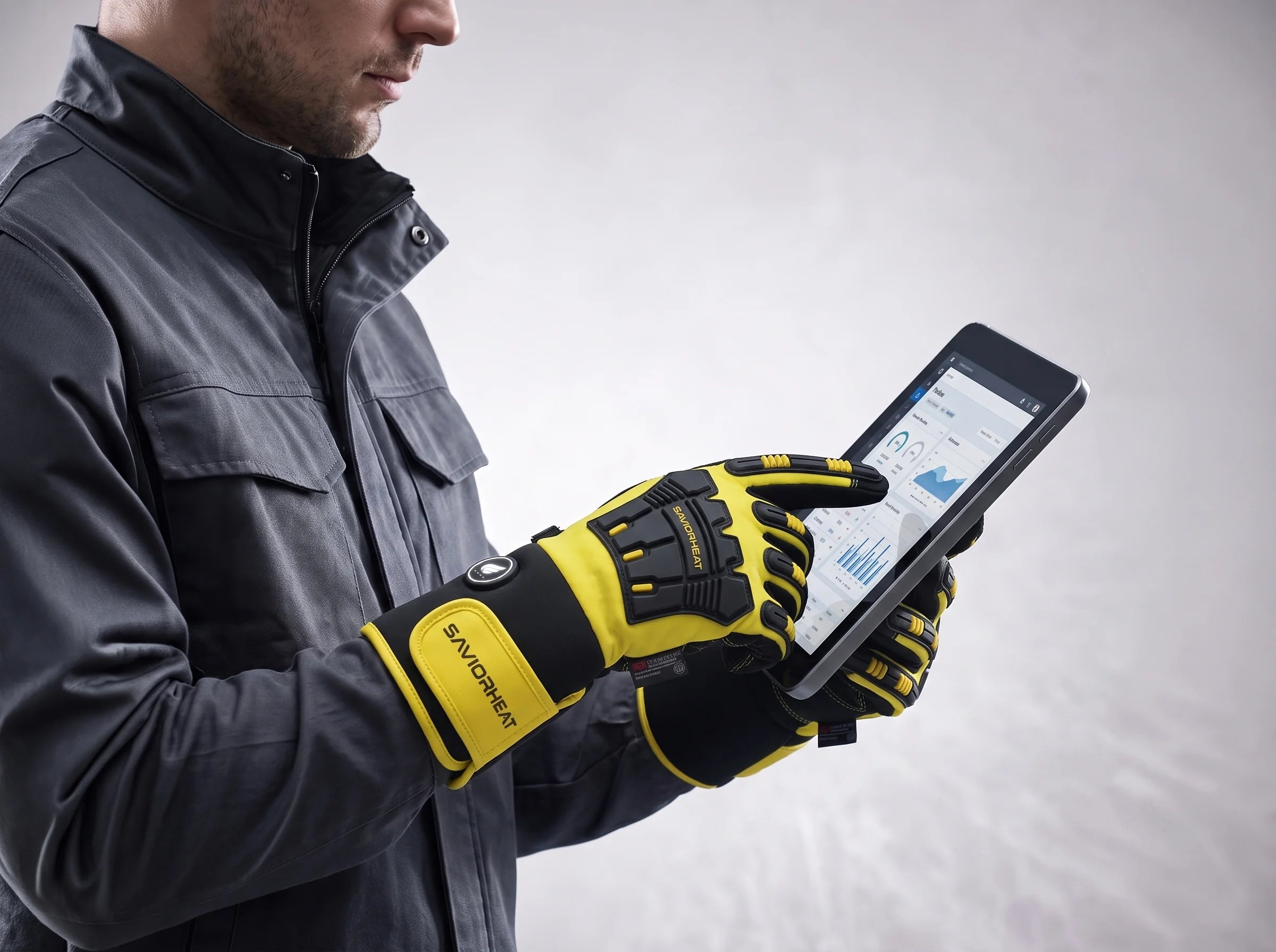 Touchscreen-Compatible Hi-Vis Yellow Heated Work Gloves by SAVIOR HEAT