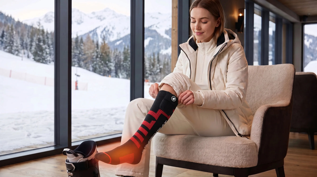 SAVIOR HEAT Stable Fit Heated Ski Socks showing heated zones and performance details for winter use