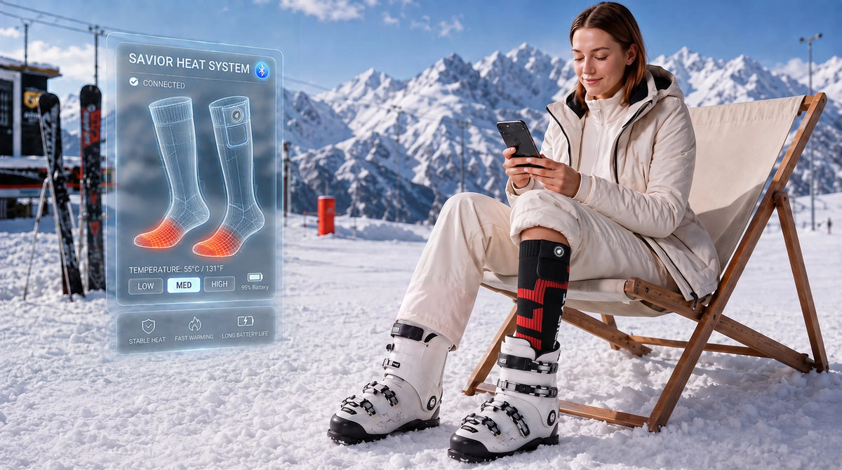 SAVIOR HEAT Stable Fit Heated Ski Socks designed for warm, comfortable wear inside ski boots