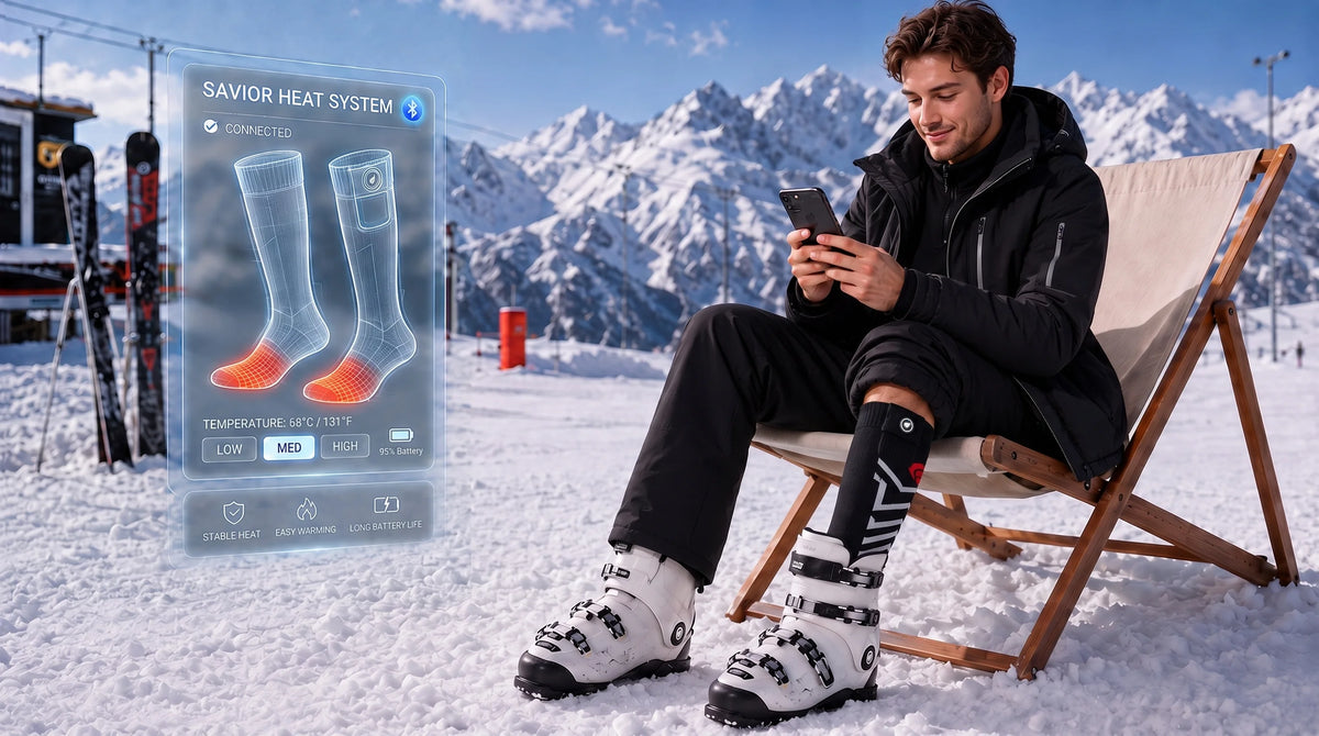 SAVIOR HEAT Silverline All-Around Comfort Heated Ski Socks designed for warm, comfortable wear inside ski boots