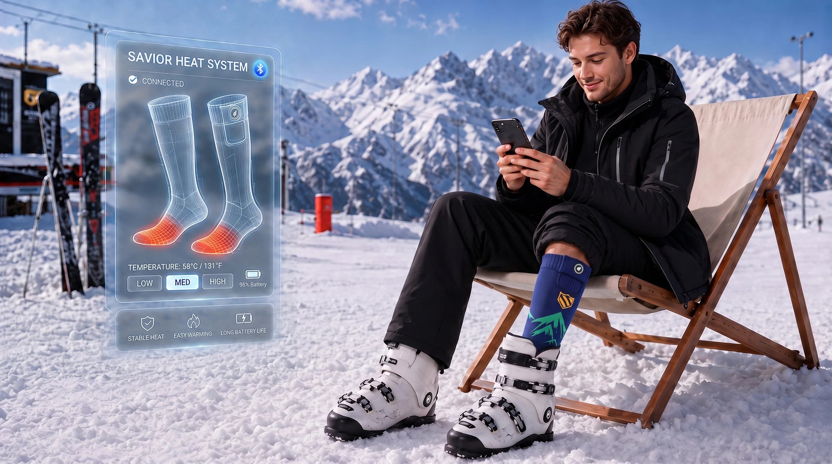 SAVIOR HEAT Cushioned Boot Comfort Heated Ski Socks designed for warm, comfortable wear inside ski boots