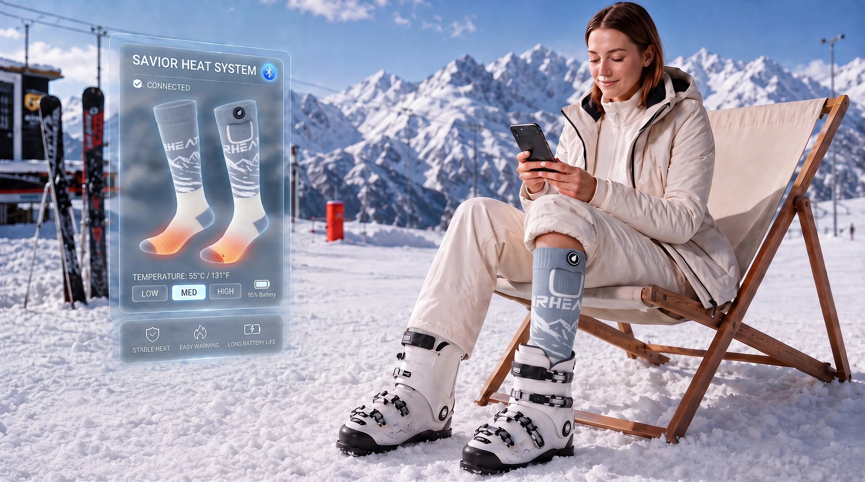 SAVIOR HEAT Heat-Transfer Arch Support Heated Ski Socks designed for warm, comfortable wear inside ski boots