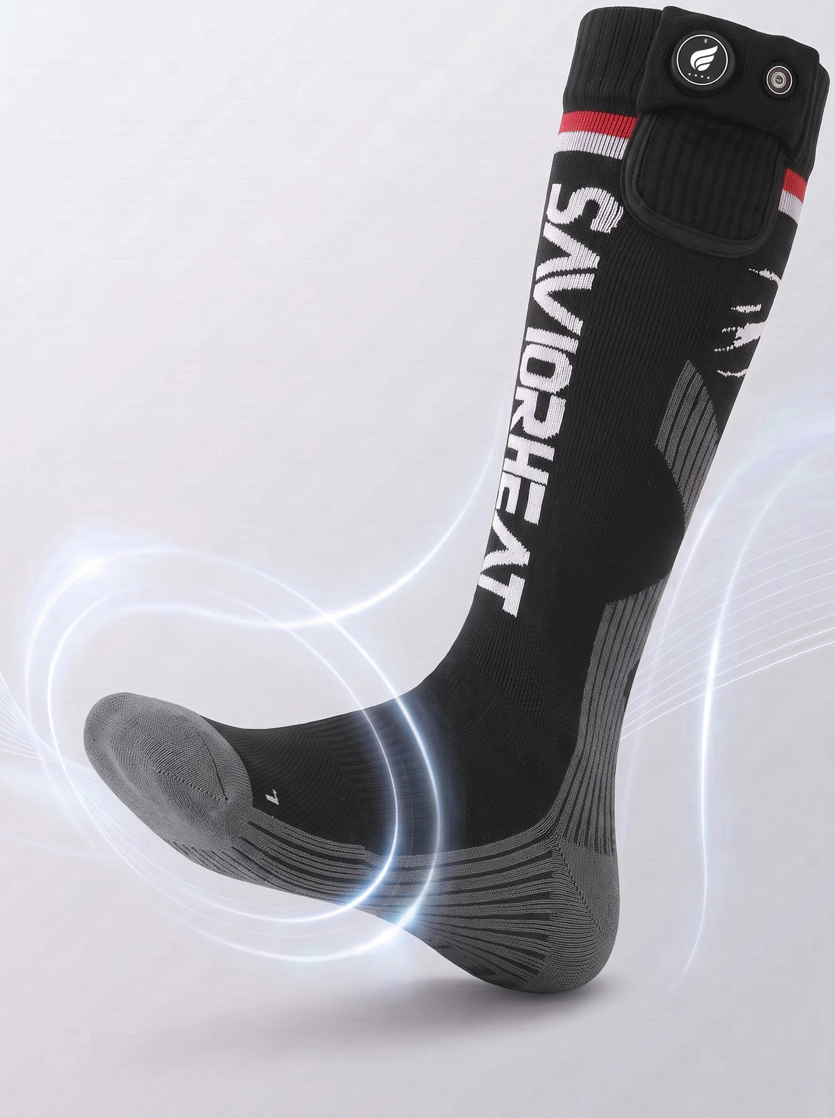 Targeted toe heating on SAVIOR HEAT Magsnapic Charge Smart Heated Ski Socks for added warmth in cold conditions