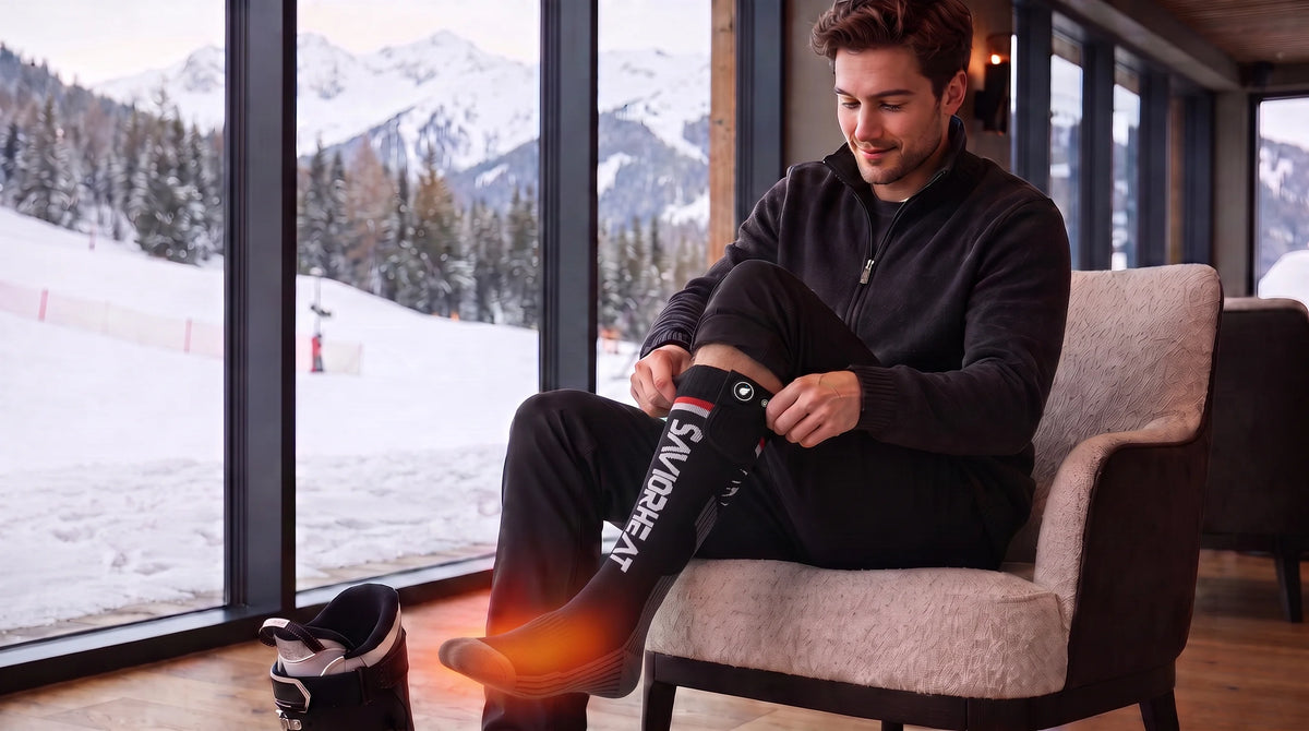 SAVIOR HEAT Magsnapic Charge Smart Heated Ski Socks showing heated zones and performance details for winter use