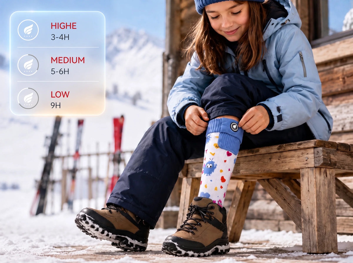 SAVIOR HEAT Monster-Print Kids Heated Ski Socks with long-lasting warmth for ski days and snowy adventures