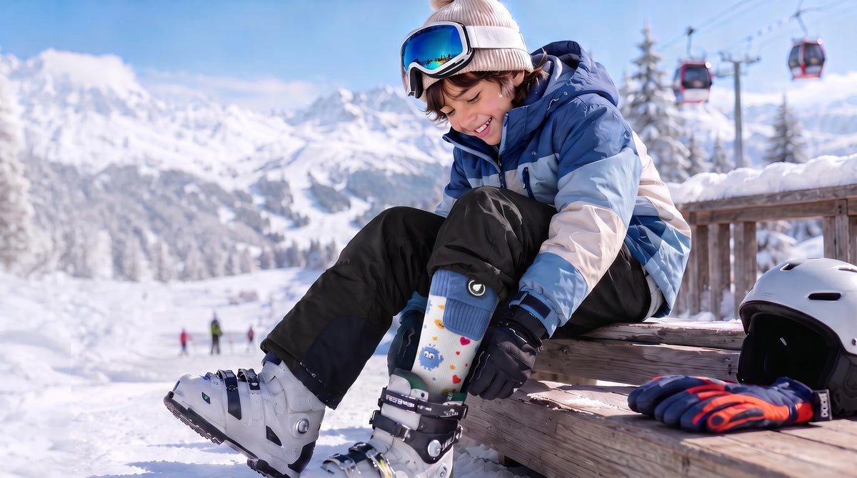 SAVIOR HEAT Monster-Print Kids Heated Ski Socks showing heated zones and performance details for winter use