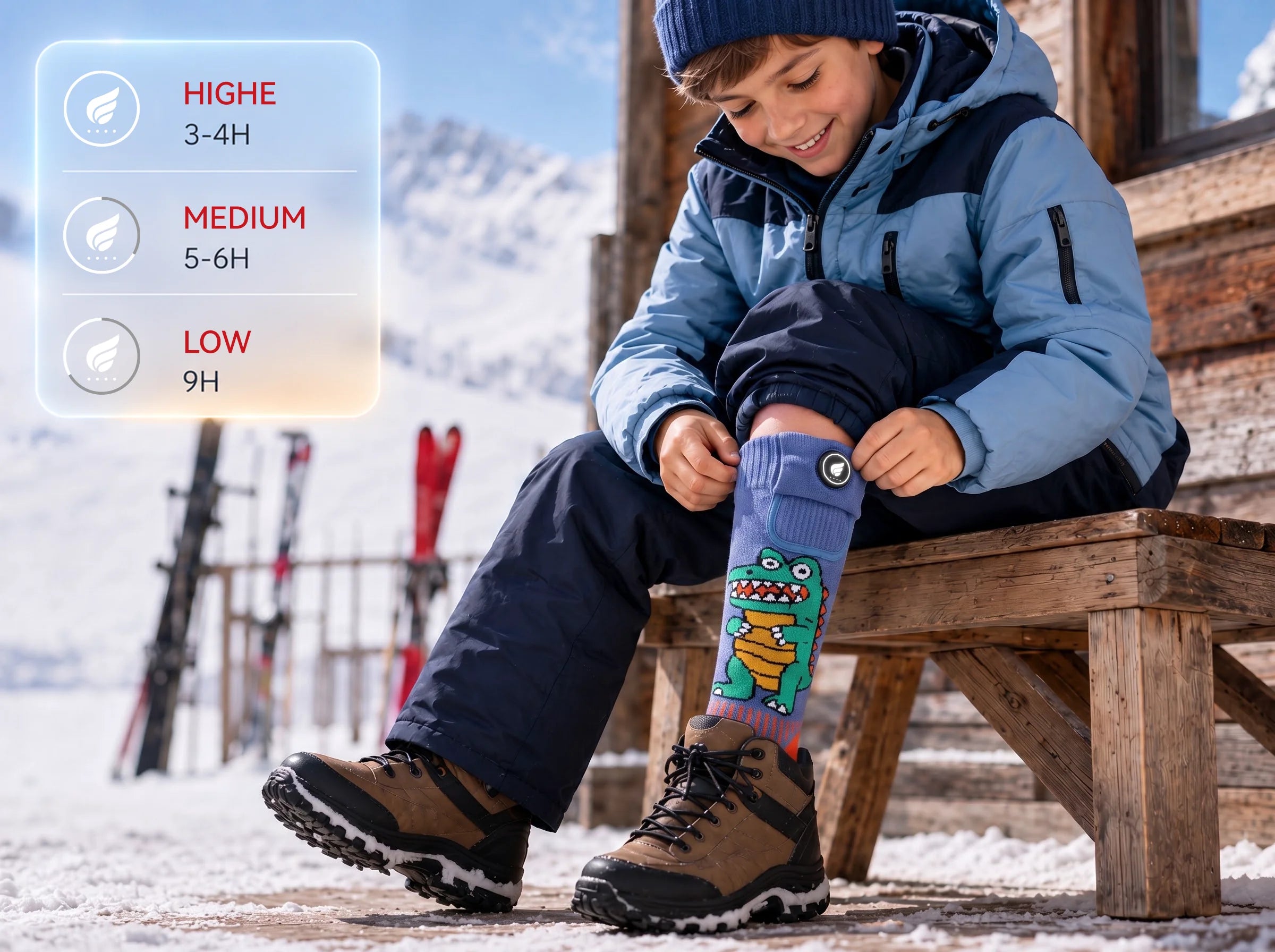 SAVIOR HEAT Crocodile-Print Kids Heated Ski Socks with long-lasting warmth for ski days and snowy adventures