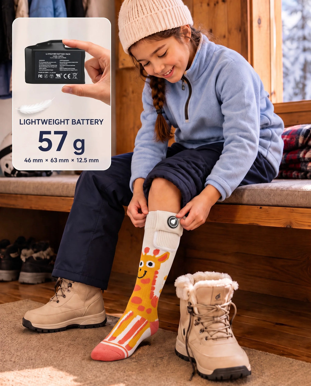 SAVIOR HEAT Giraffe-Print Kids Heated Ski Socks with a lightweight kid-friendly battery for comfortable winter wear