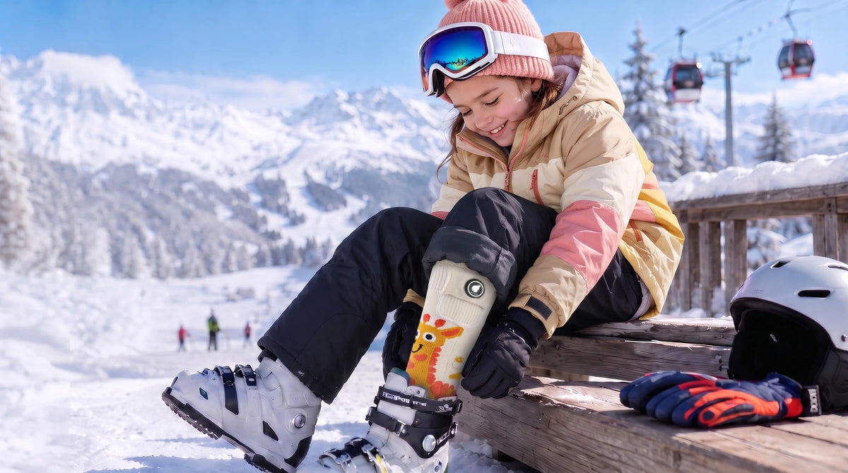 SAVIOR HEAT Giraffe-Print Kids Heated Ski Socks showing heated zones and performance details for winter use