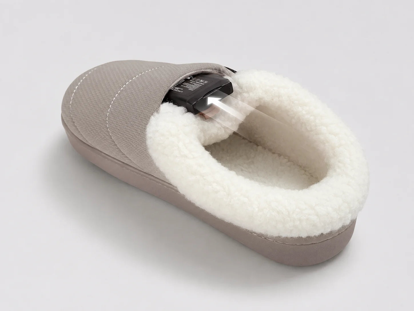 Adjustable-Cuff Heated Slippers with a discreet battery pocket built into the slipper