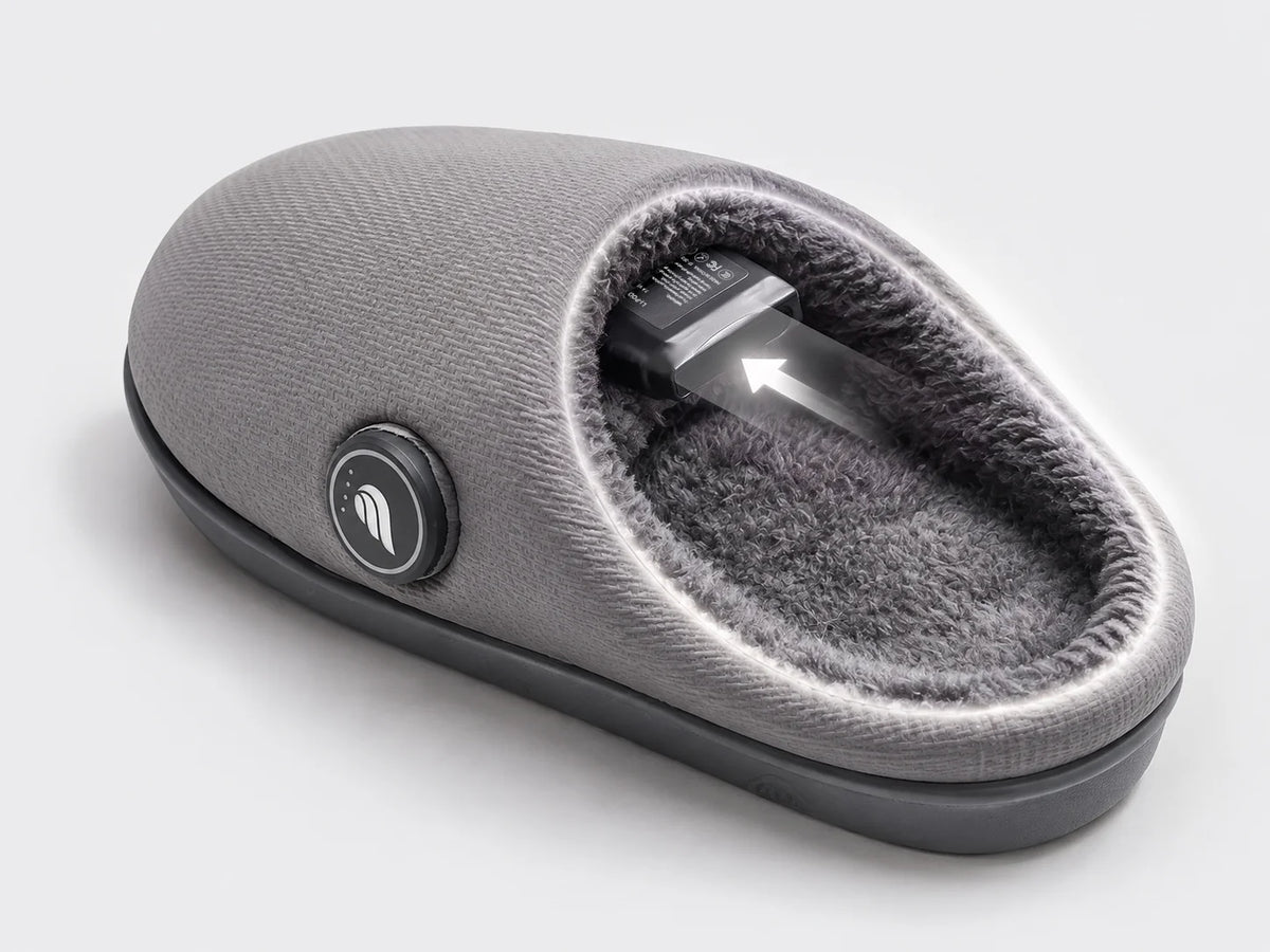 Easy Slip-On Heated Slippers with a discreet battery pocket built into the slipper